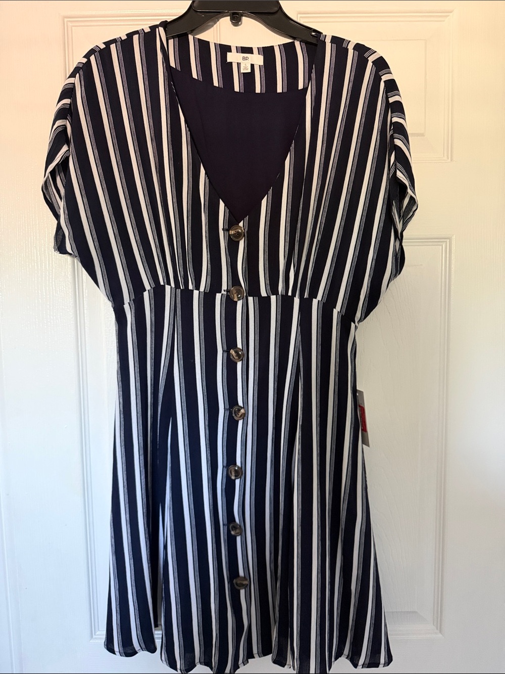 bp Navy and White Vertical-Stripe Button Mini Dress